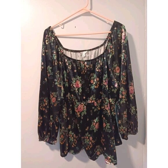 Cato Womens Plus Size 18/20 Crushed Velvet Black Floral Print Boho Blouse Too - Picture 1 of 6